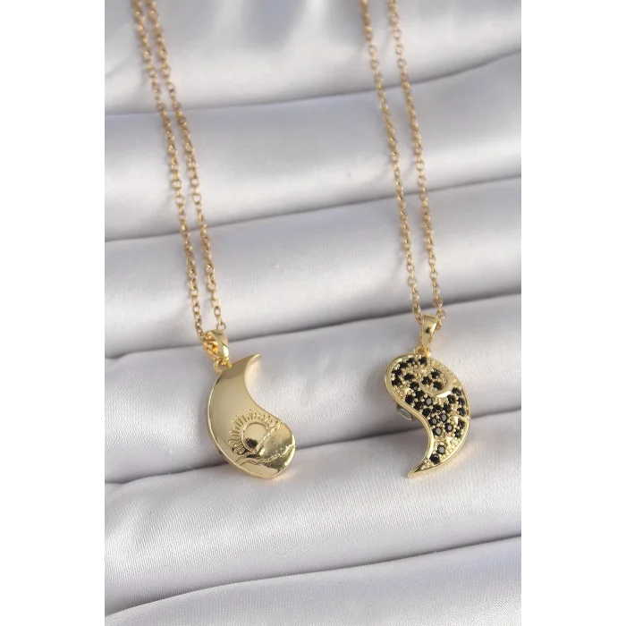 316L Çelik Gold Renk Zincir Zirkon Taşlı Ying Yang Model Gün Batımı İşlemeli Arkadaşlık Kadın Kolye