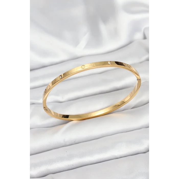 316L Çelik Gold Renk Zirkon Taşlı 65 mm İnce Kadın Kelepçe Bileklik