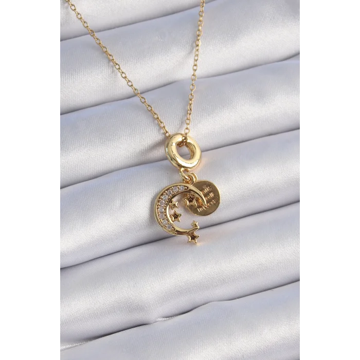 316L Çelik Gold Renk Zirkon Taşlı Ay Yıldız  Model Charm Model Kadın Kolye
