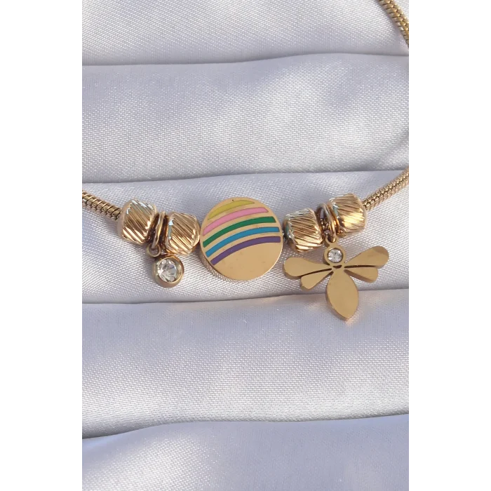 316L Çelik Gold Renk Zirkon Taşlı Gökkuşağı Tasarımlı Yusufçuk Bileklik