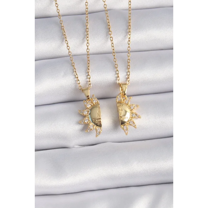 316L Çelik Gold Renk Zirkon Taşlı Güneş Model İşleme Yazı Detay Arkadaş Kolyesi