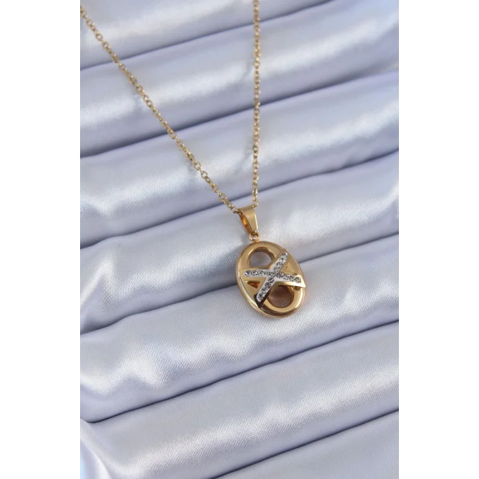 316L Çelik Gold Renk Zirkon Taşlı Kadın Kolye