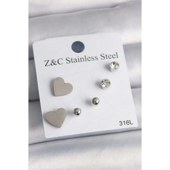 316L Çelik Gold Renk Zirkon Taşlı Kalpli Kadın Küpe Seti