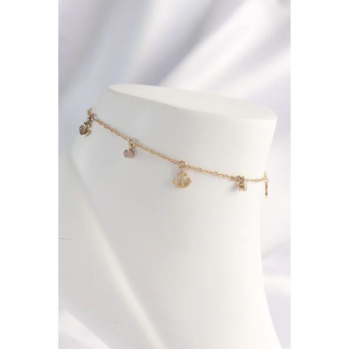 316L Çelik Gold Renk Zirkon Taşlı Minimal Çapa Tasarımlı Halhal