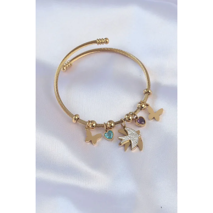 316L Çelik Gold Renk Zirkon Taşlı Minimal Kalp Detay Kelebek Charm Bileklik