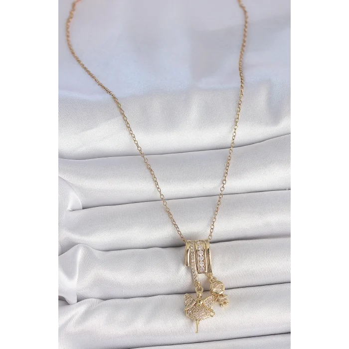 316L Çelik Gold Renk Zirkon Taşlı Sallantı Melek Figür Charm Kadın Kolye