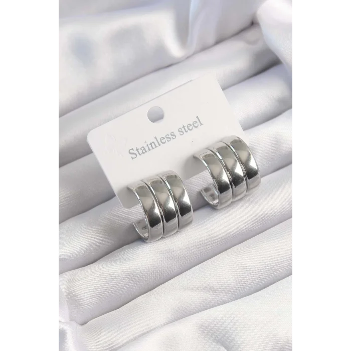 316L Çelik Gümüş Renk 3lü Görünüm Bombe Model Yarım Halka Küpe