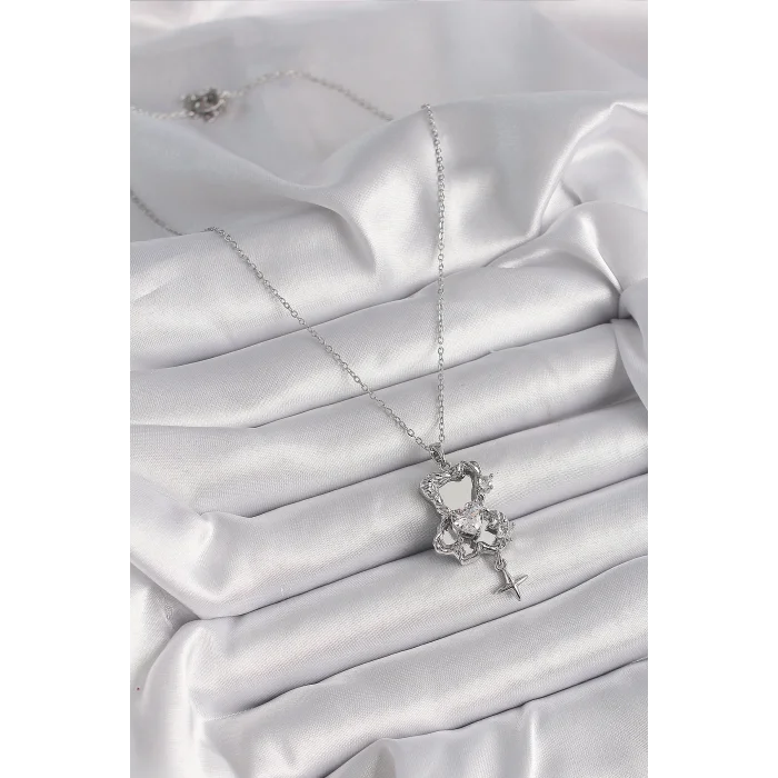 316L Çelik Gümüş Renk Ayna Ayıcık Model Zirkon Taşlı Kalp Detay Kadın Kolye