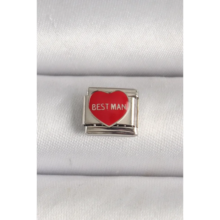 316L Çelik Gümüş Renk Best Man Yazılı Kırmızı Kalp İşlemeli Nomination Charm