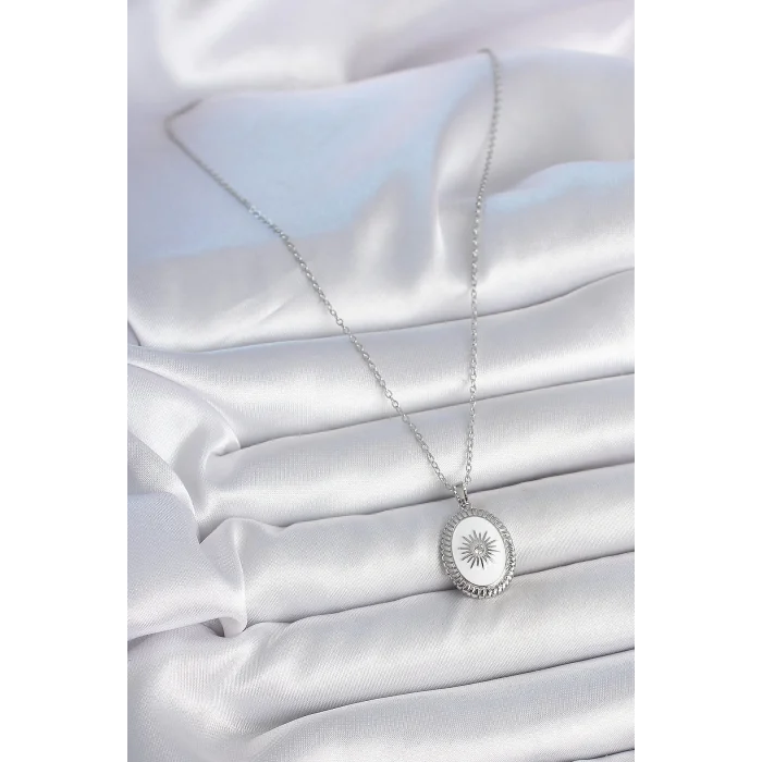 316L Çelik Gümüş Renk Beyaz Mineli Güneş İşlemeli Nazar Boncuk Detay Madalyon Model Kadın Kolye