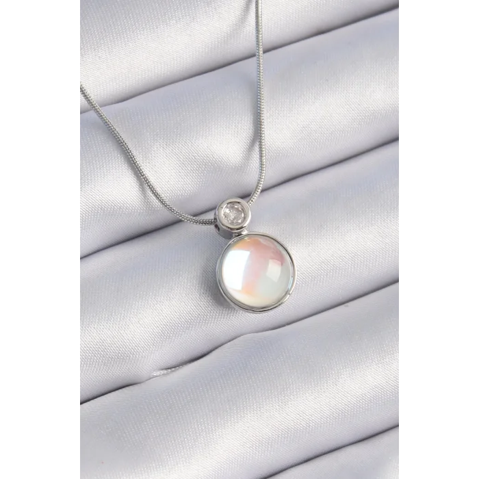 316L Çelik Gümüş Renk Beyaz Sedefli Vintage Model Kadın Kolye