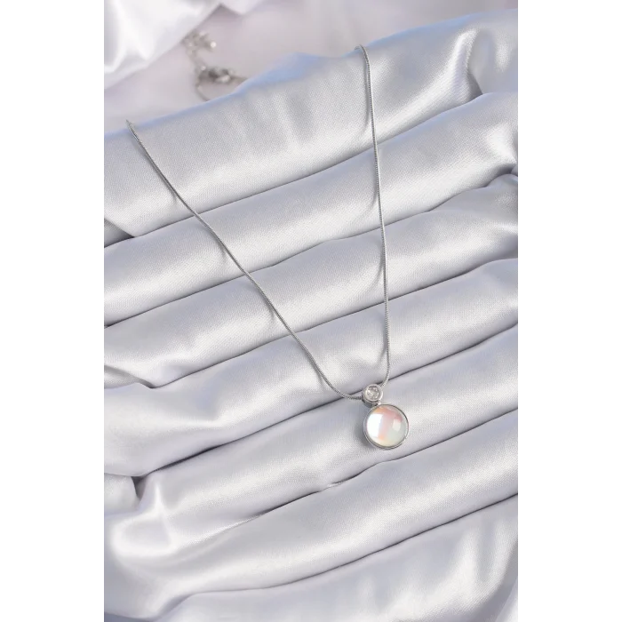 316L Çelik Gümüş Renk Beyaz Sedefli Vintage Model Kadın Kolye