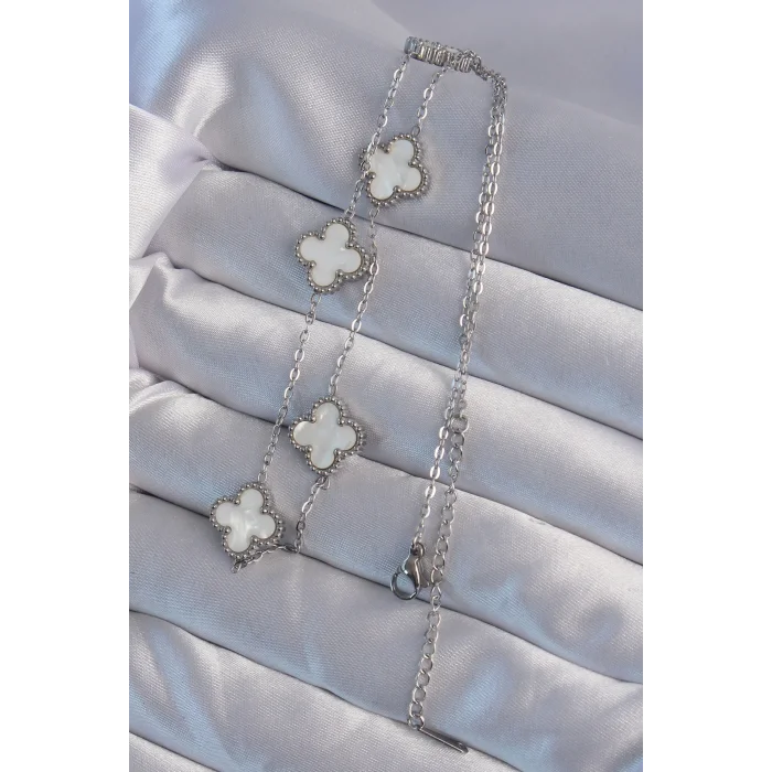 316L Çelik Gümüş Renk Beyaz Sedefli Yonca Kolye