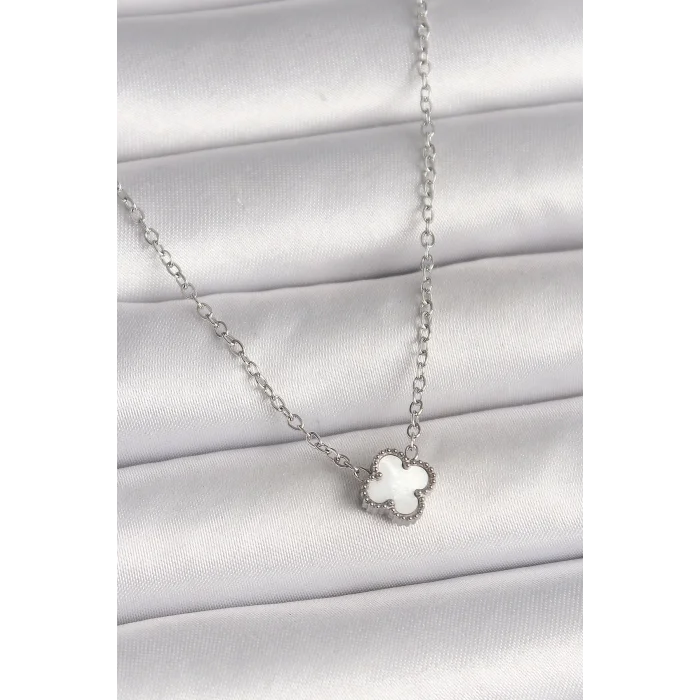 316L Çelik Gümüş Renk Beyaz Yonca Model Kadın Kolye