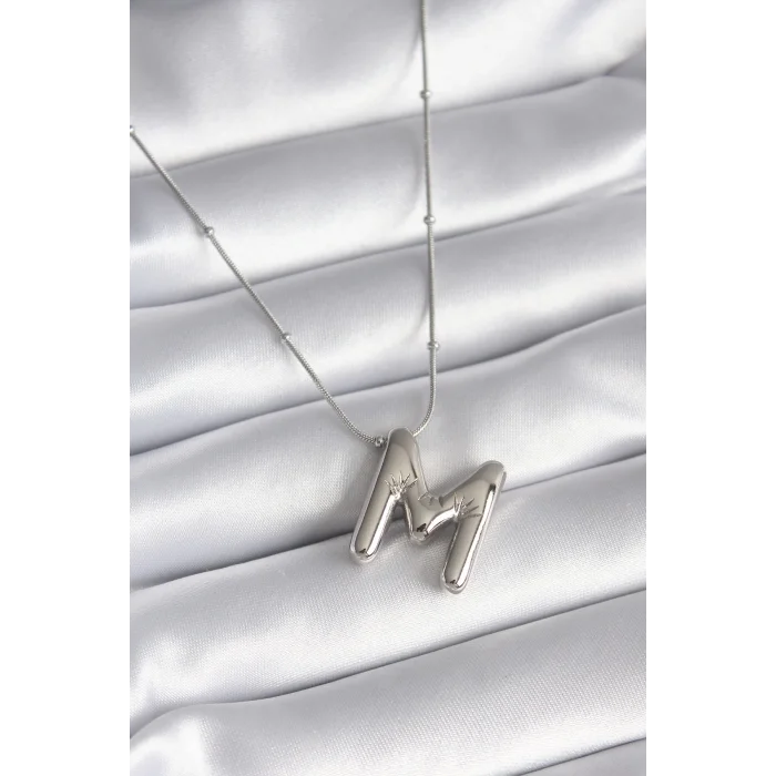 316L Çelik Gümüş Renk Bubble M Harf Model Kadın Kolye