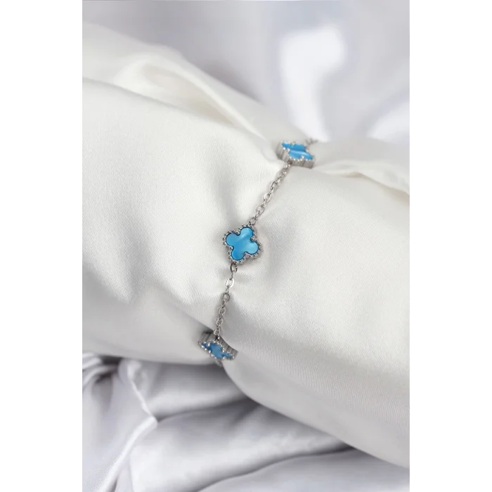 316L Çelik Gümüş Renk Buz Mavisi Baby Boy Yonca Kadın Bileklik
