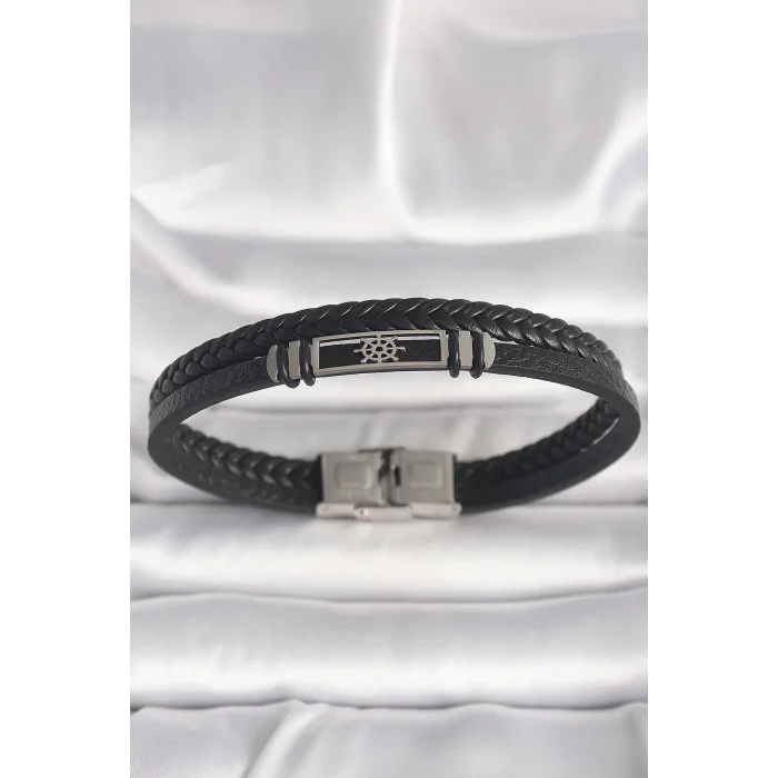 316L Çelik Gümüş Renk Gemi Dümeni Figür Siyah Burgu Deri Kordon Model Erkek Bileklik