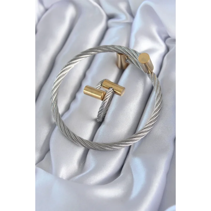 316L Çelik Gümüş Renk Gold Detay Sarmal Model Erkek Bileklik Yüzük Kombini