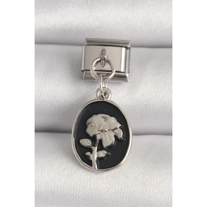 316L Çelik Gümüş Renk Gümüş Çiçek İşlemeli Siyah Portre Model Nomination Charm
