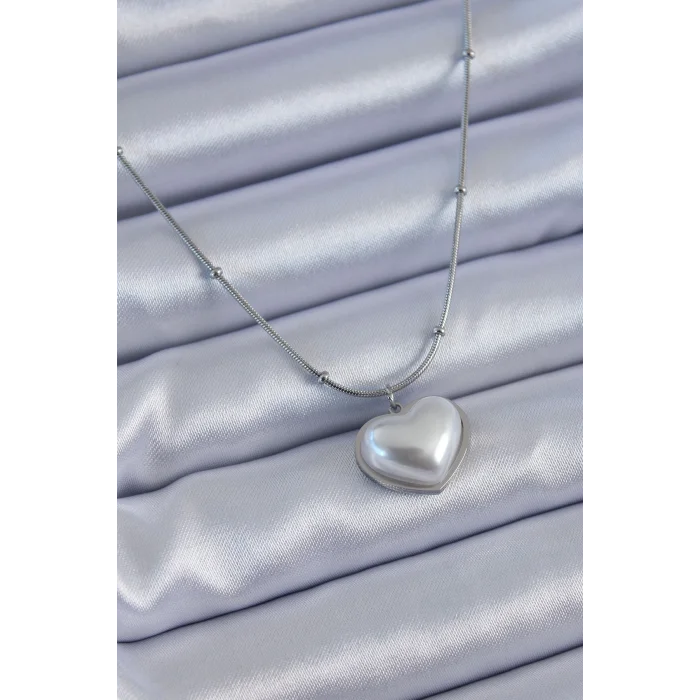 316L Çelik Gümüş Renk İncili Kalp Model Minimal Top Detay Kadın Kolye