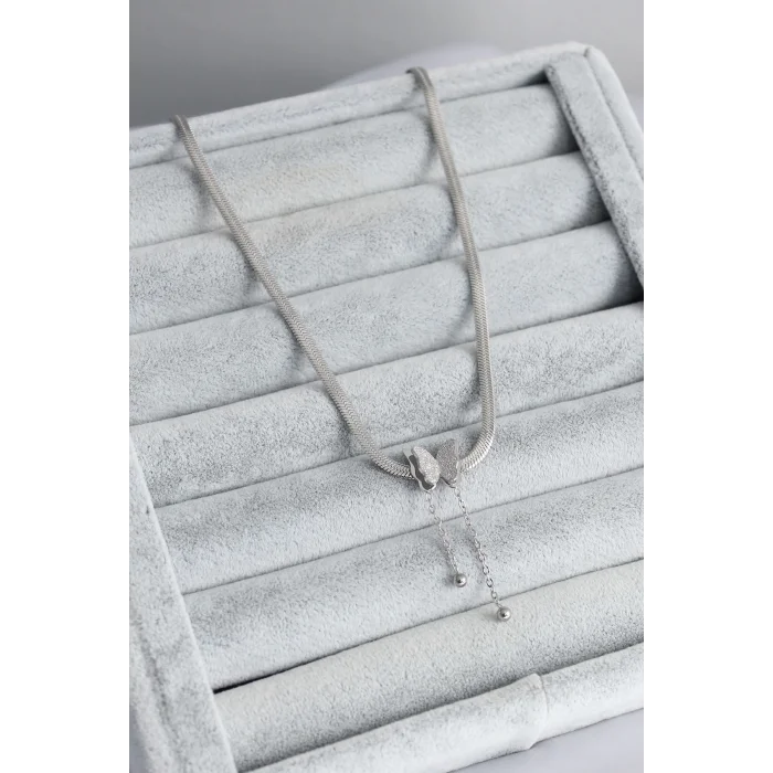 316L Çelik Gümüş Renk İtalyan Zincir Model Simli Kelebek Figür Kadın Kolye