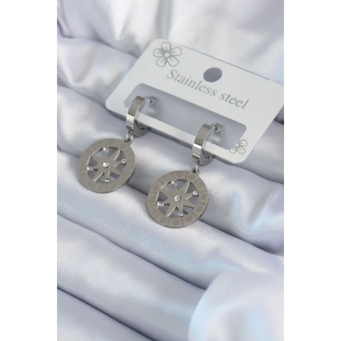 316L Çelik Gümüş Renk Kutup Yıldızı Model Zirkon Taş İşleme Detay Kadın Küpe