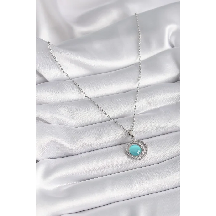 316L Çelik Gümüş Renk Mavi Sedefli Hilal Model Kadın Kolye