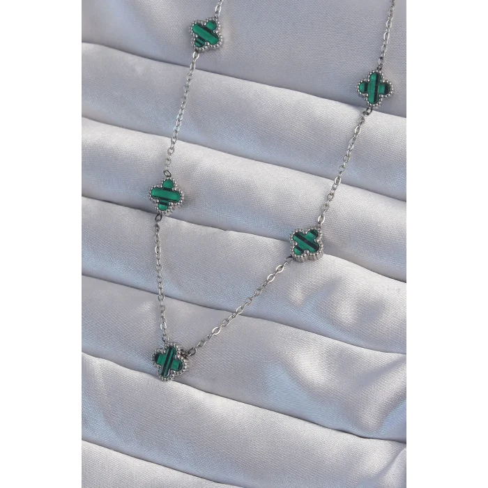 316L Çelik Gümüş Renk Minimal Yeşil Mineli Yonca Kolye