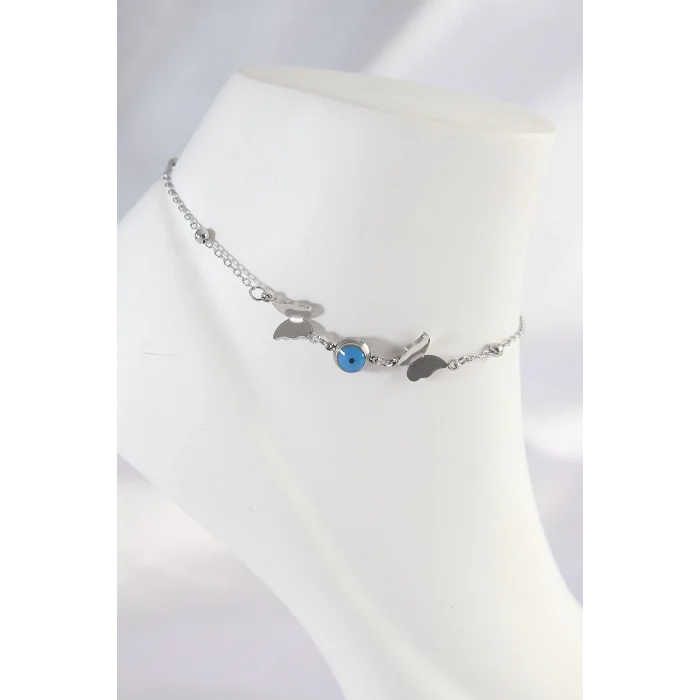 316L Çelik Gümüş Renk Nazar Boncuk Detay Kelebek Halhal