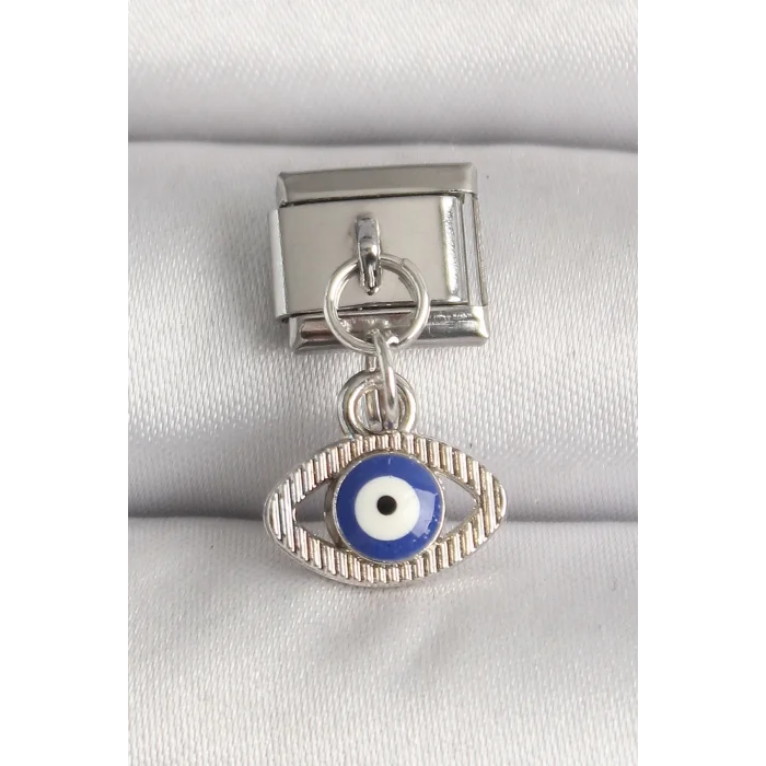 316L Çelik Gümüş Renk Nazar Boncuk Detaylı Göz Model Nomination Charm
