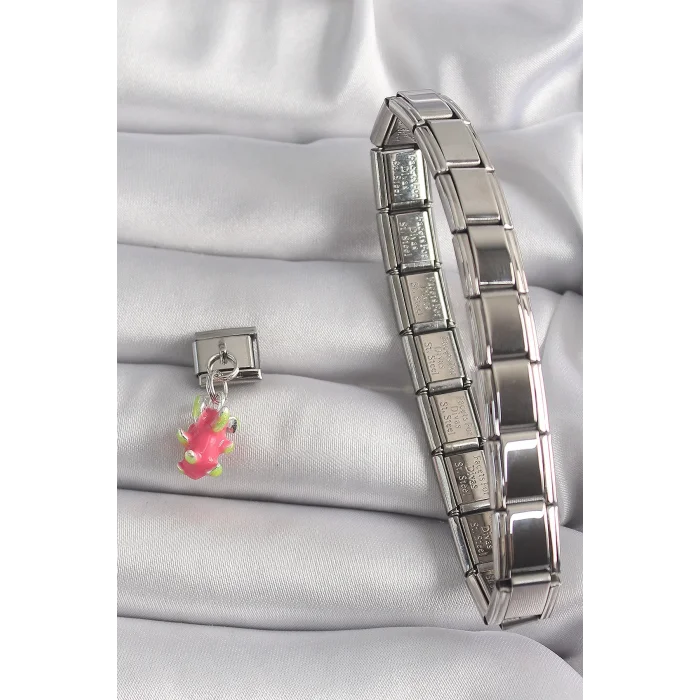 316L Çelik Gümüş Renk Sallantı Ejder Meyvesi Model Nomination Charm