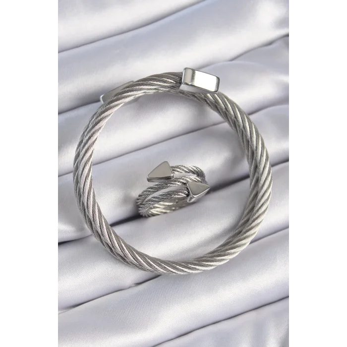 316L Çelik Gümüş Renk Sarmal Model Erkek Bileklik Yüzük Kombini