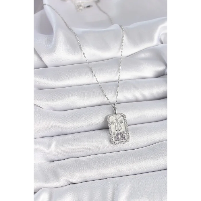 316L Çelik Gümüş Renk Terazi Burcu Zirkon Taşlı Kadın Kolye