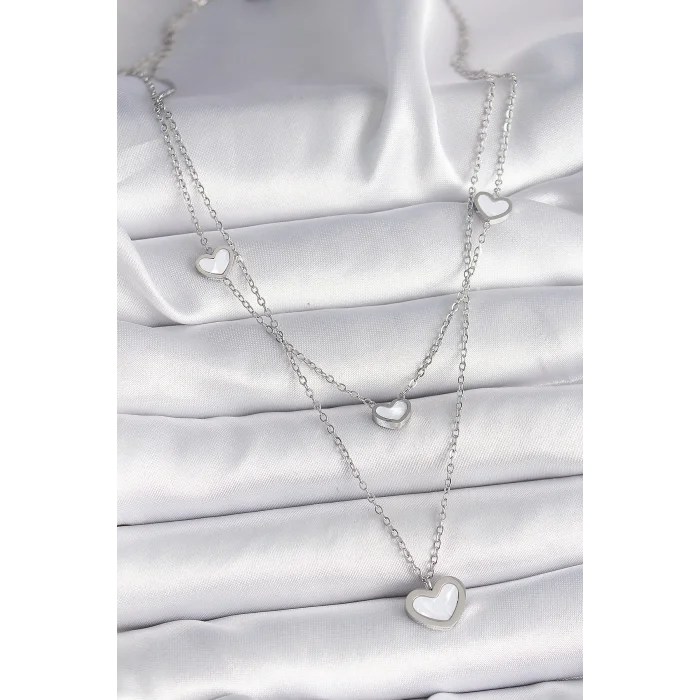 316L Çelik Gümüş Renk Zincir 2Li Zincir Kalp Model Kadın Kolye