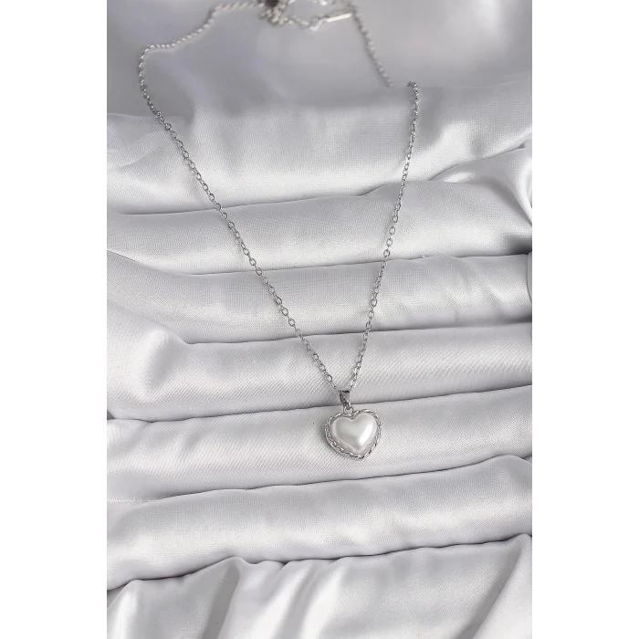 316L Çelik Gümüş Renk Zincir 3D İnci Kalp Model Kadın Kolye