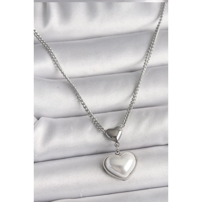 316L Çelik Gümüş Renk Zincir 3D Kalp Model Kadın Kolye