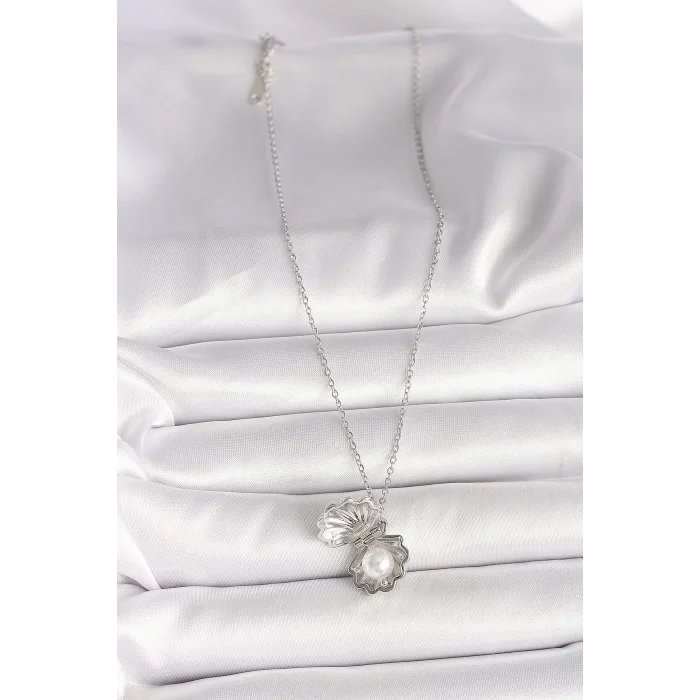 316L Çelik Gümüş Renk Zincir Açılır İncili Midye Model Kadın Kolye