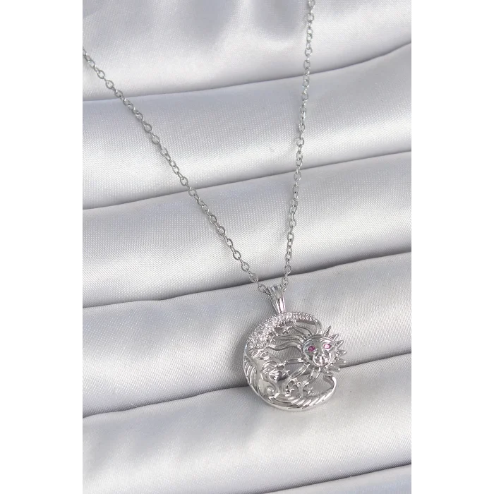 316L Çelik Gümüş Renk Zincir Ay Güneş Model Zirkon Taş Detay Kadın Kolye