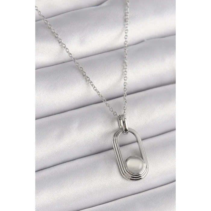 316L Çelik Gümüş Renk Zincir Beyaz Kedi Göz Model Kadın Kolye