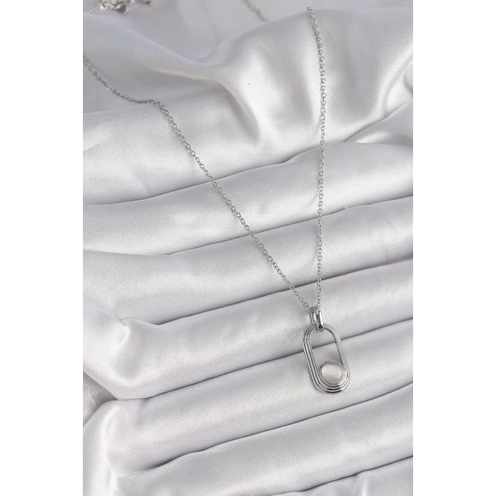 316L Çelik Gümüş Renk Zincir Beyaz Kedi Göz Model Kadın Kolye