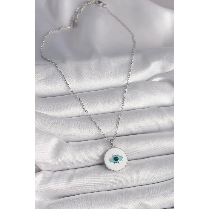 316L Çelik Gümüş Renk Zincir Beyaz Mineli Turkuaz Göz İşleme Model Kadın Kolye