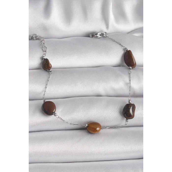 316L Çelik Gümüş Renk Zincir Kahverengi Doğaltaş Model Kadın Bileklik