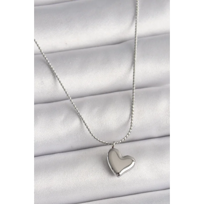 316L Çelik Gümüş Renk Zincir Kalp Figür Kadın Kolye