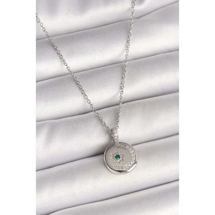 316L Çelik Gümüş Renk Zincir Madalyon Zirkon Taşlı İşlemeli Hilal Yıldız Model Kadın Kolye