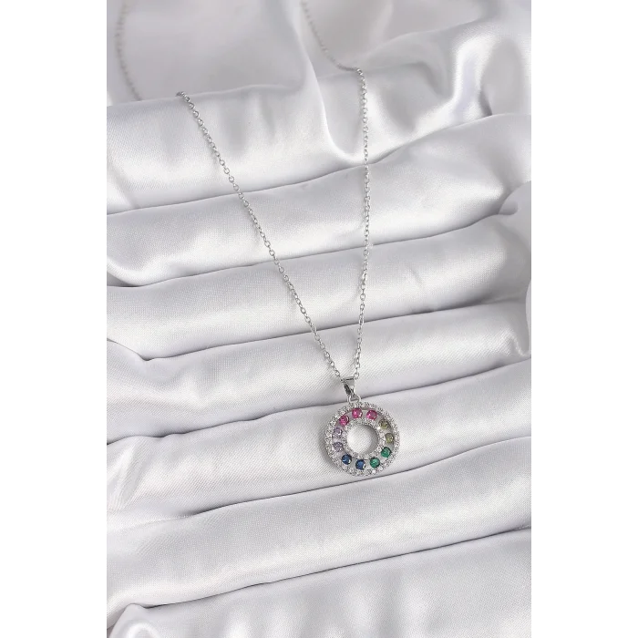 316L Çelik Gümüş Renk Zincir Renkli Zirkon Taşlı Madalyon Model Kadın Kolye