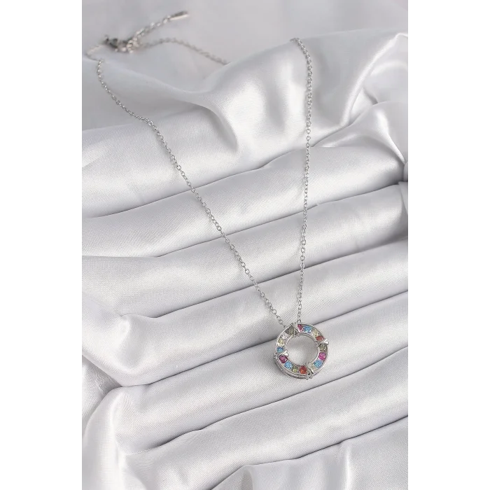 316L Çelik Gümüş Renk Zincir Renkli Zirkon Taşlı Xoxo Model Kadın Kolye