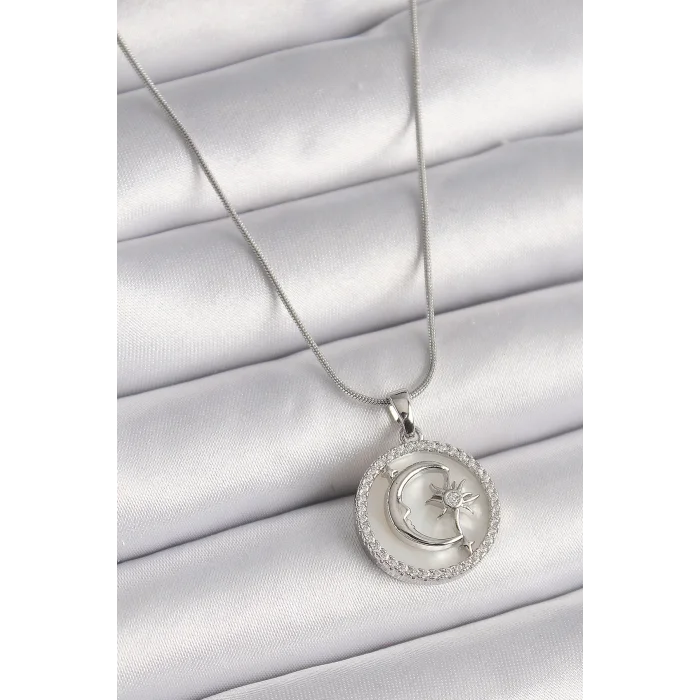 316L Çelik Gümüş Renk Zincir Zirkon Taş Detaylı Beyaz Sedefli Ay Yıldız İşleme Kadın Kolye