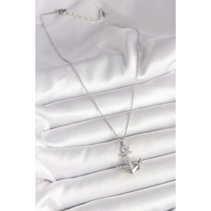 316L Çelik Gümüş Renk Zincir Zirkon Taş Detaylı Çapa Model Kadın Kolye
