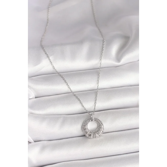 316L Çelik Gümüş Renk Zincir Zirkon Taş İşlemeli Daire Model Kadın Kolye