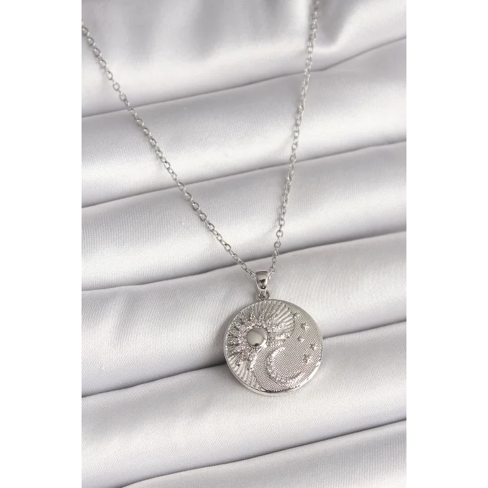 316L Çelik Gümüş Renk Zincir Zirkon Taşlı Ay Güneş İşlemeli Madalyon Model Kadın Kolye